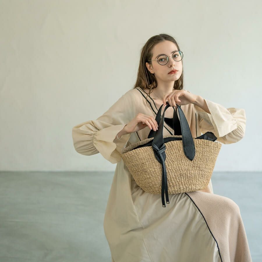 HAYNI別注 グローブレザーハンドル アバカ かごバッグ POMTATA ポンタタ かごバッグ ナチュラル×ブラック