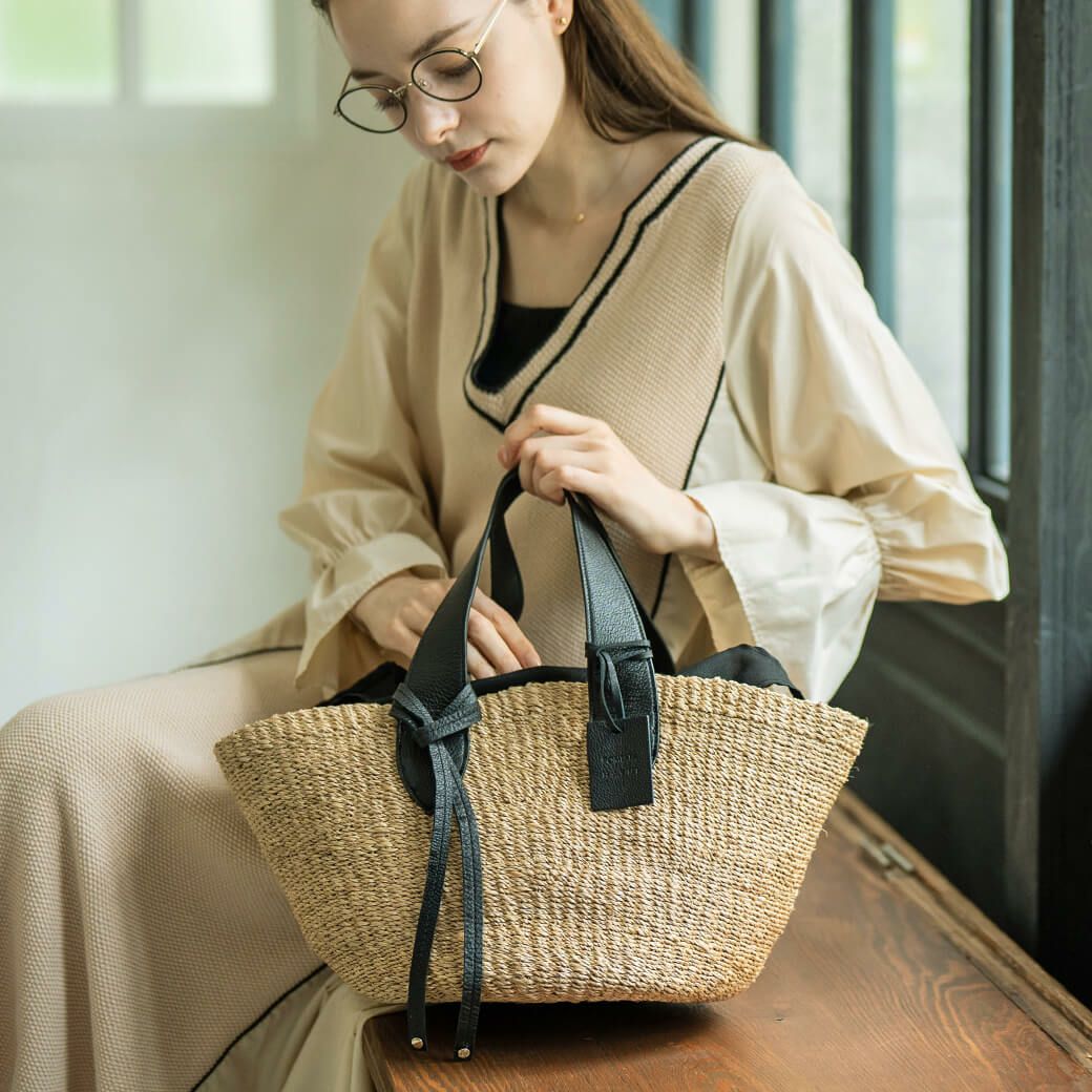 HAYNI別注 グローブレザーハンドル アバカ かごバッグ POMTATA ポンタタ かごバッグ ブラック×ブラック