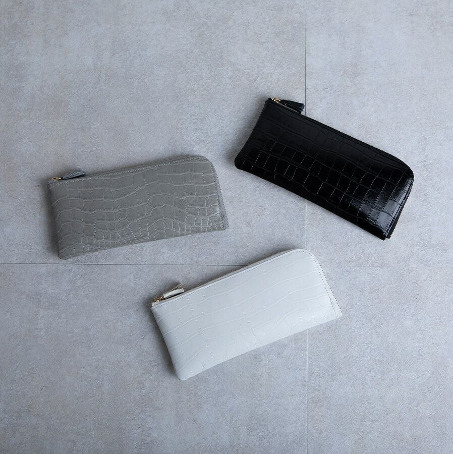 【美品】  POMTATA / ポンタタ | クロコ柄型押し L字ファスナーウォレット | ブラック/ホワイト | レディース POMTATA ポンタタ ロングウォレット L字ファスナー長財布 クロコ型押し