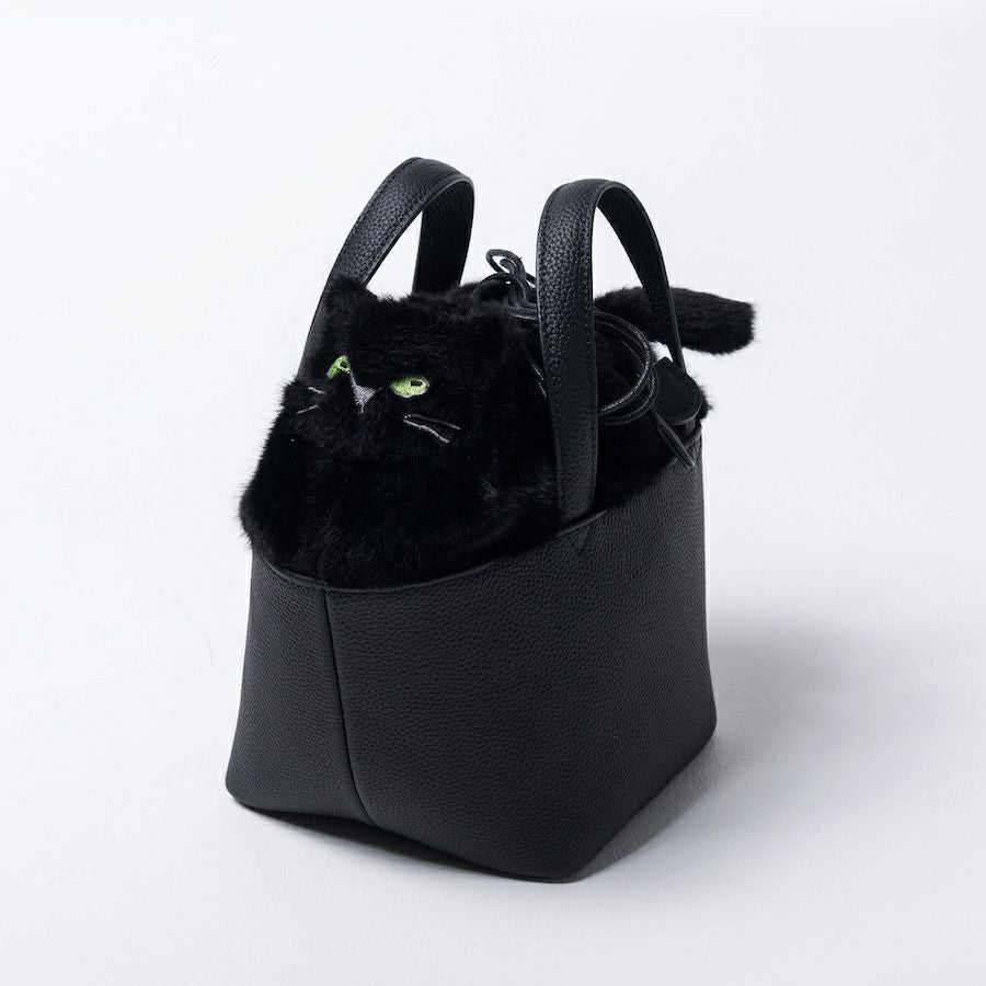 ねこモチーフ 本革 ファー ハンドバッグ Minetcuir ミネットキュイール クロ